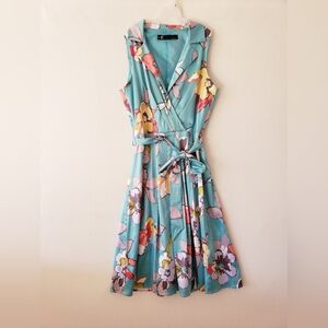 Blue Sleeveless Floral Print Fit And Flare Belt Midi Sundress V Neck Flowy Skirt